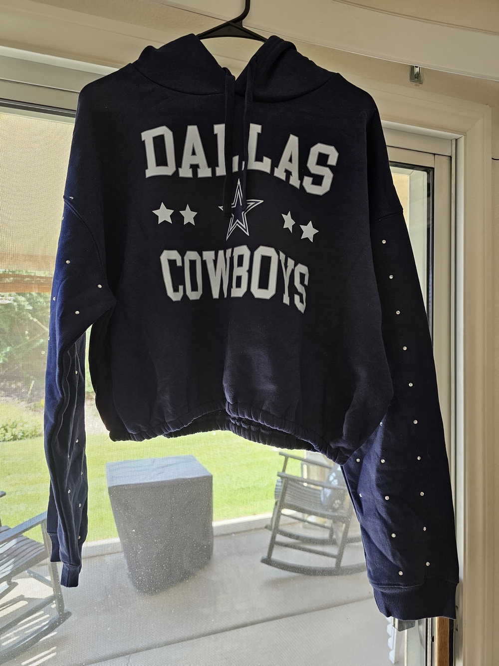 Gameday Couture Cropped Dallas Cowboys Hoodie with Rhinestone Sleeves SzL